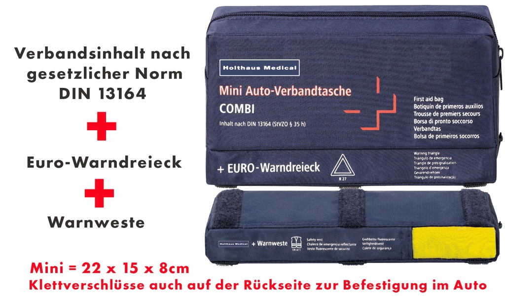 62220 Mini-Auto-Verbandtasche + Warndreieck + 4 x Warnweste (22 x 15 x 8cm) mit Klettverschluss