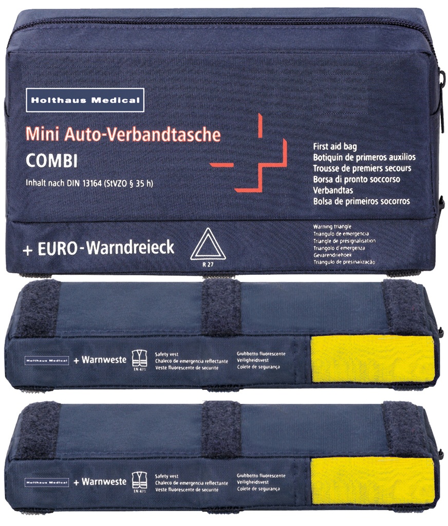 62220 Mini borsa di pronto soccorso per auto + triangolo di segnalazione + 2 gilet ad alta visibilità (22 x 15 x 8 cm) con chiusura a velcro