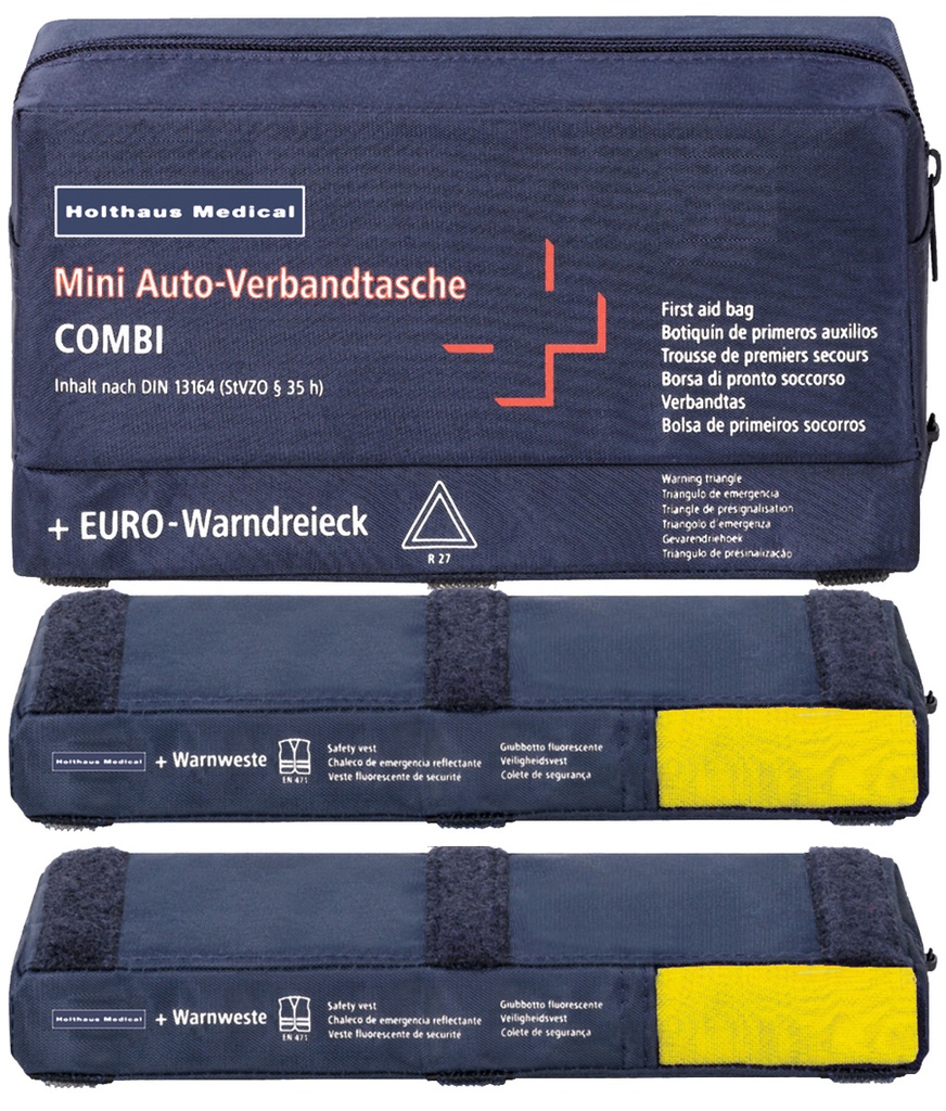 62220 Mini-Auto-Verbandtasche + Warndreieck + 2 x Warnweste (22 x 15 x 8cm) mit Klettverschluss