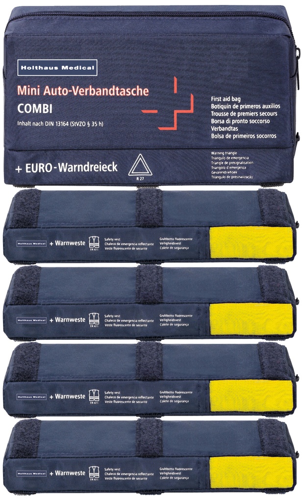 62220 Mini borsa di pronto soccorso per auto + triangolo di segnalazione + 4 gilet ad alta visibilità (22 x 15 x 8 cm) con chiusura a velcro